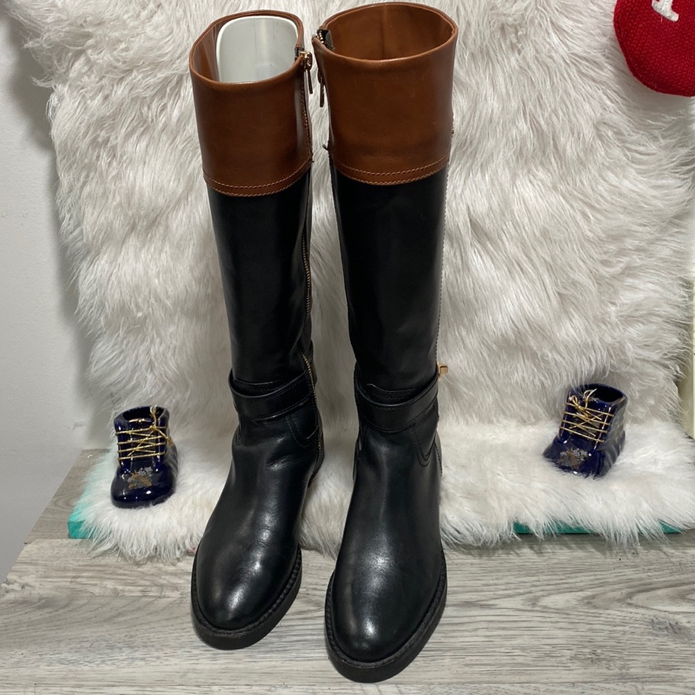 COACH EVA Black Brown Calf Leather Tall Boots 6.5 B Zip Classy 2-tone - Picture 1 of 13